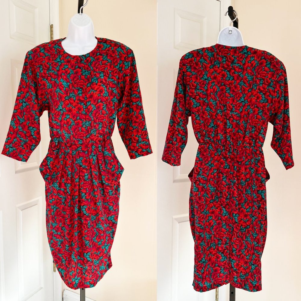 Erika's Place Vintage Christmas Floral Midi Dress, Red/Green, Size 9/10 (US M/L)